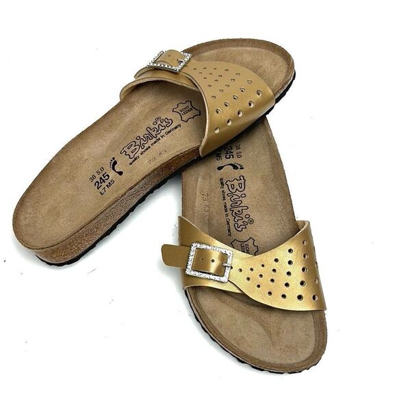 NWB Birkenstock Birkis Sandals Mallorca Gold Slides Rhinestone Buckle EUR 38 US7 - Picture 1 of 13